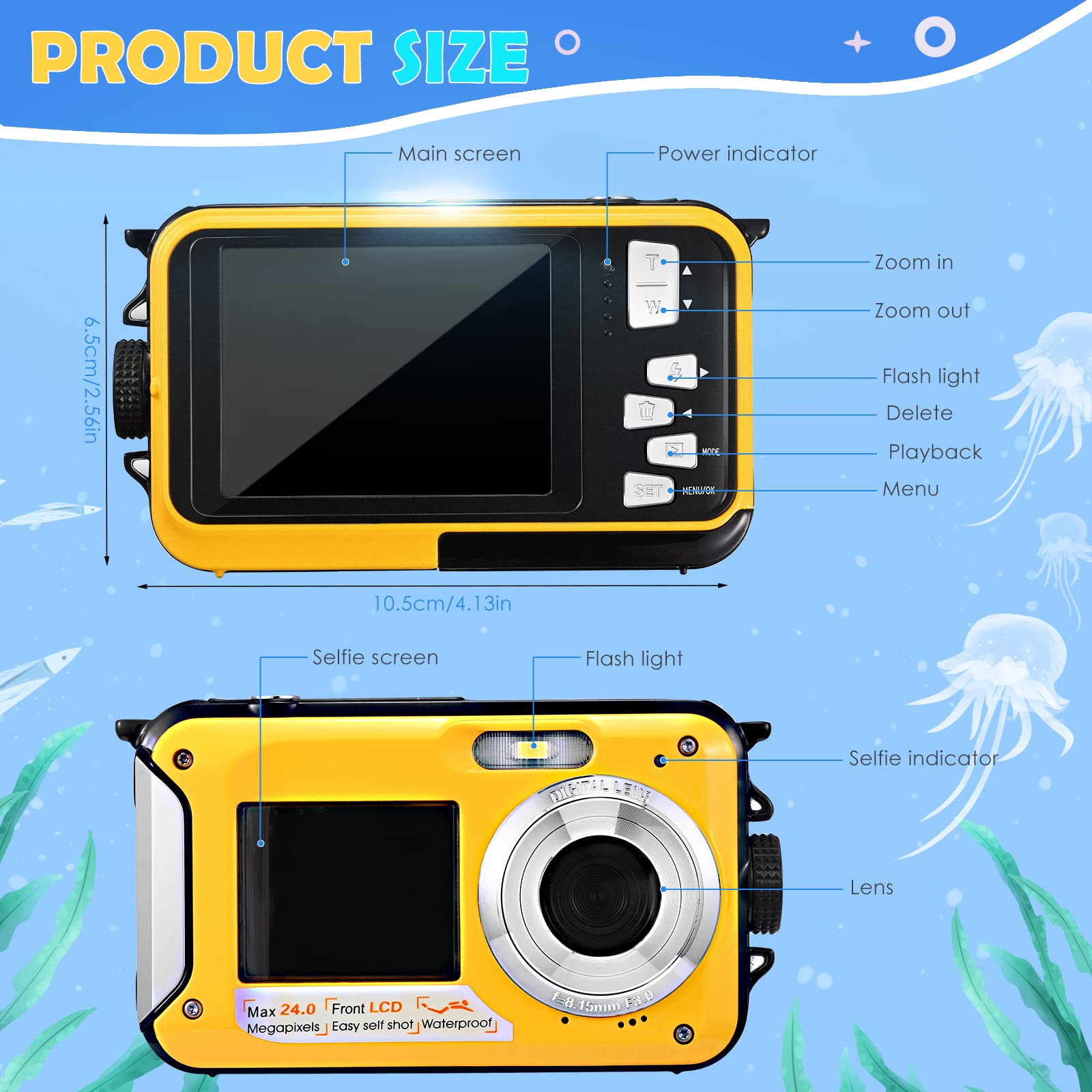 Appareil Photo Etanche Numérique,Full HD 2.7K 24MP Caméra sous-Marine Zoom Digital 16x Camera Etanche avec Double écran Caméra pour Adolescents Élèves Débutants Jaune