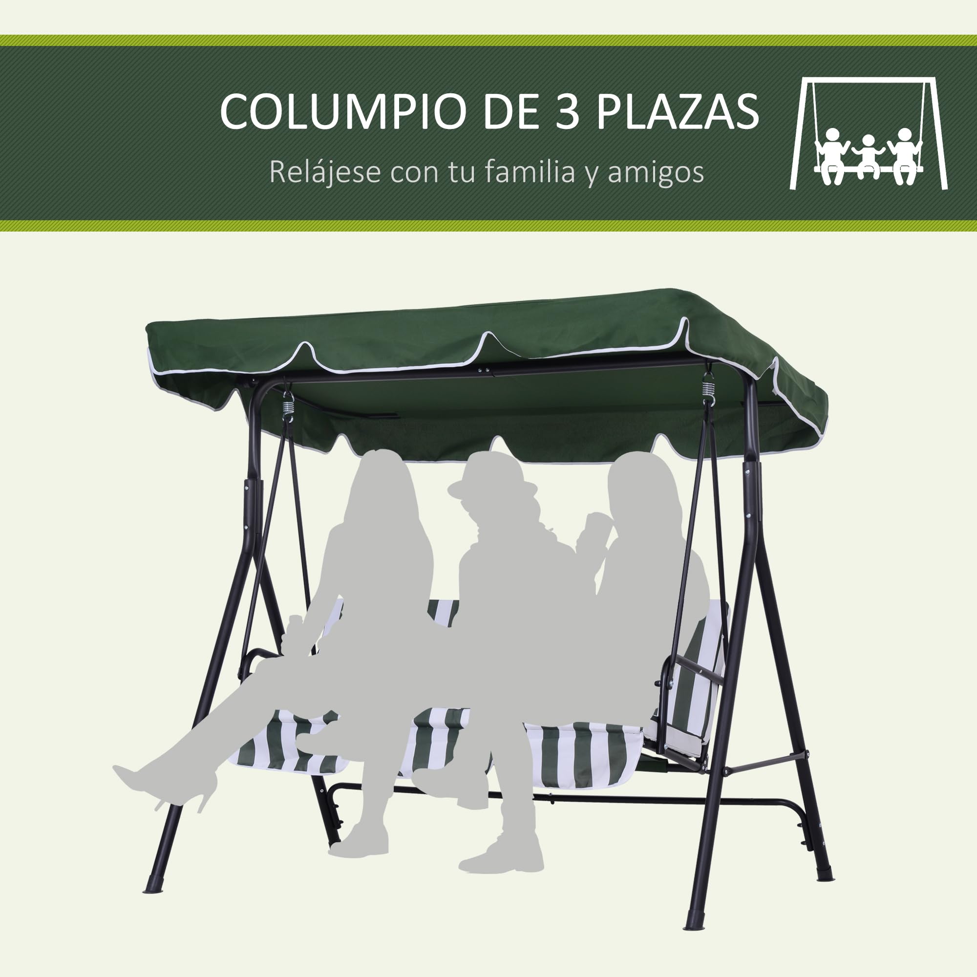 Outsunny Columpio de Jardín Exterior de 3 Plazas, Balancín de Jardín Exterior con Techo Ajustable y Marco de Acero, para Balcón, Terraza, Patio, Carga 200 kg, 172x110x153 cm, Verde