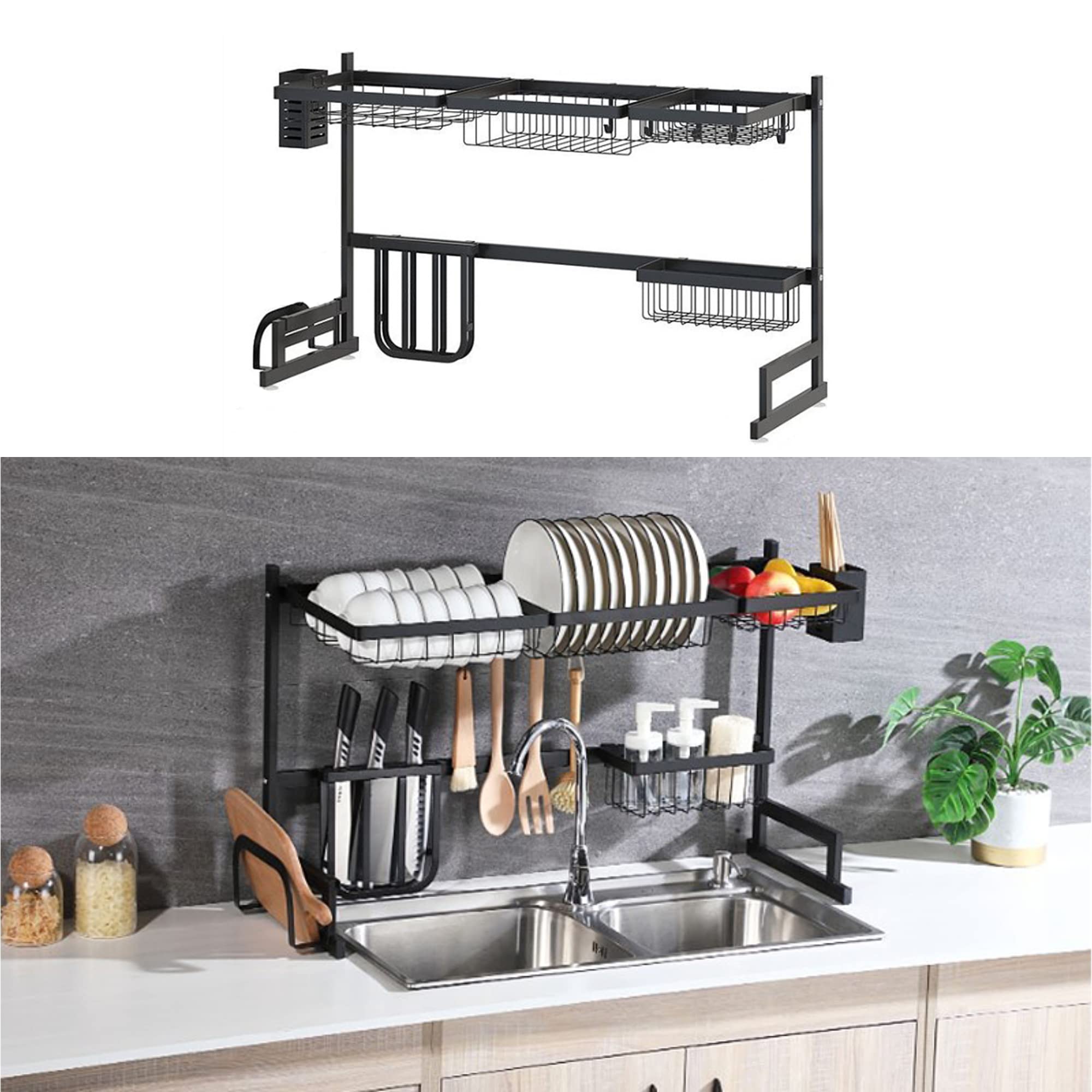 MINGYI Abtropfgestell für Spülbecken, mit 4 Körben, Baguette-Käfig und Messerhalter, multifunktionaler Küchenorganisator, rostfreier Geschirrtrockner (Schwarz I)