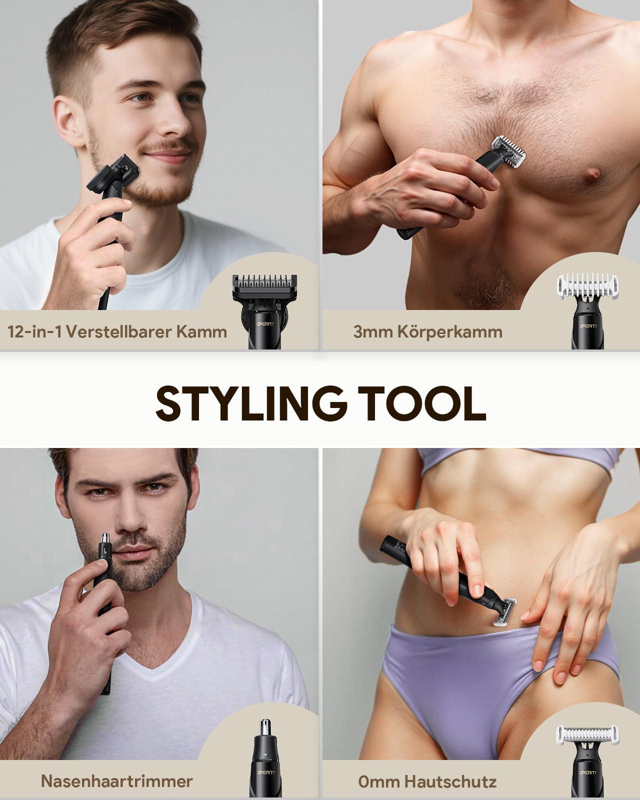 Styling Elektrischer Rasierer für das Gesicht, Bartschneider & Körperhaartrimmer Groomer Kit, Schnelllade-Rasierer mit Verstellbarer Trimmaufsatz von 0.4-9 mm, Tragbar für Reisen, Typ-C Kabellos