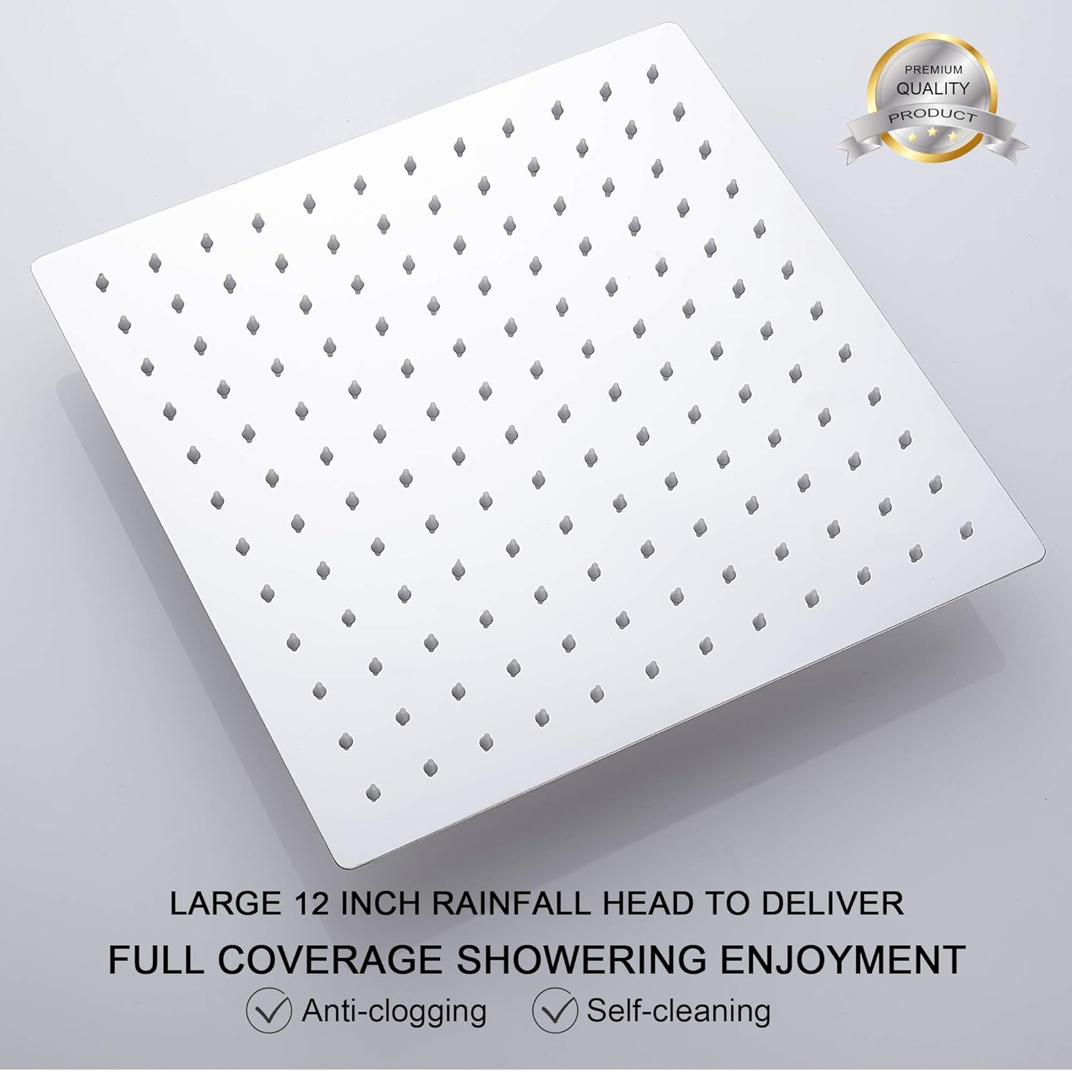 Square Rain Shower Head, High Pressure Rainfall Showerhead, Large Fixed Stainless Steel Polished Chrome Shower Rain, 12 Inch Rainhead and 15 Inch Extension Arm