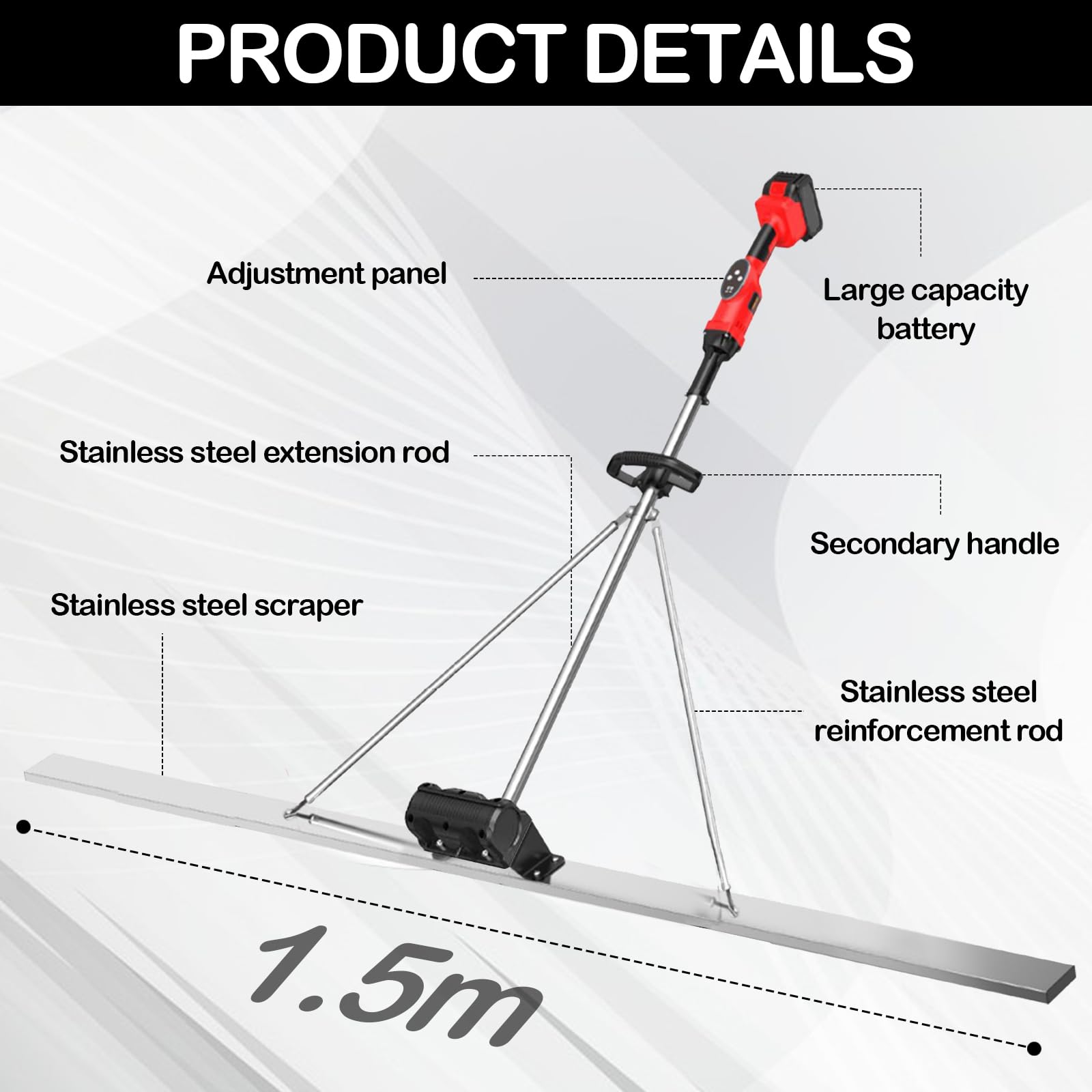 Vibreur Beton, Vibreur pour Béton Électriques 21V avec 2 Batteries 2,000 mAh Surfaceuse Beton 60W 6000 tr/min Machine de Lissage en Acier Inoxydable 1,5m pour Béton et Boue