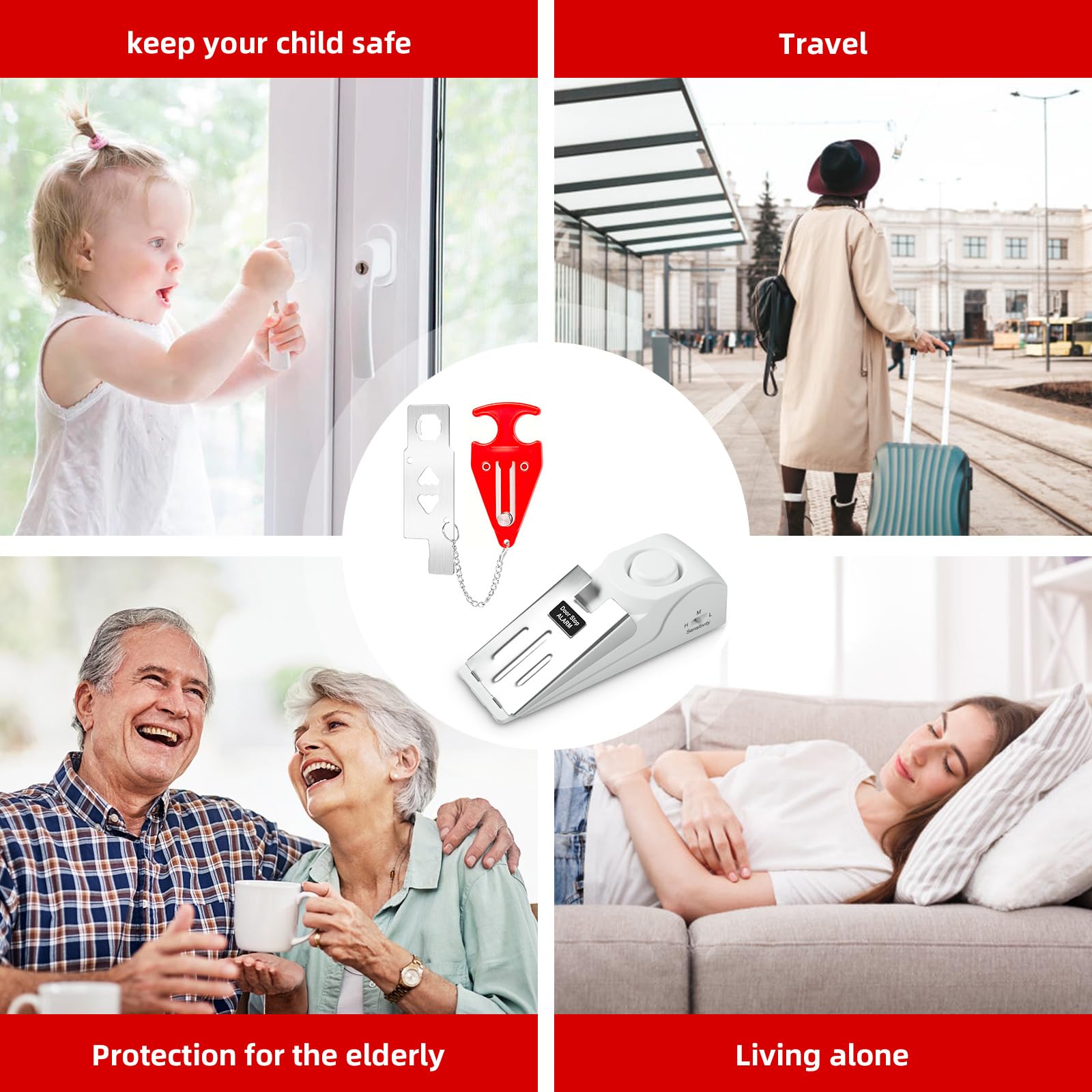 Alarma portátil de tope de puerta y cerradura de puerta de hotel de viaje, no requiere instalación, proporciona doble seguridad para el hogar, hotel y viajes (2 cerraduras de puerta + 3 topes