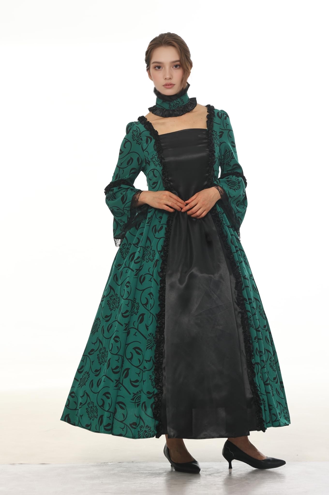 CAMDOM Vestido de Fiesta Victoriano Mujer Retro Medieval Palacio Largo Cuello Cuadrado Satén Elegante Mangas Acampanadas Disfraz Vintage Cosplay