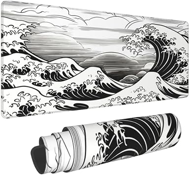 Black White Japanese Wave Gaming Mouse Pad XL, Mat 31.5x11.8