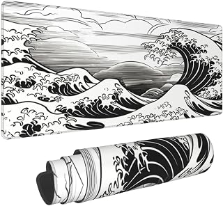 Black White Japanese Wave Gaming Mouse Pad XL, Mat 31.5x11.8 | Portable large desk pad fits gaming setup, home study and workstation; great decorative desk accessory