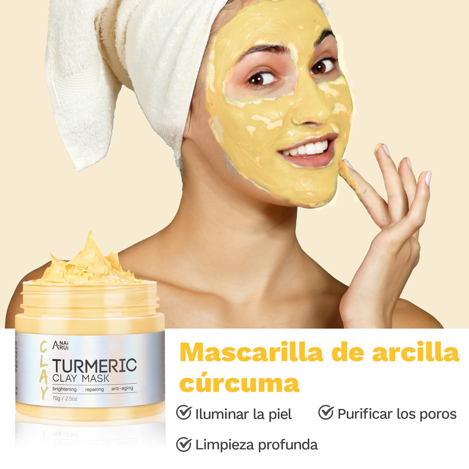 ANAiRUi Mascarillas Faciales de Cúrcuma + Mascarilla Arcilla Té Verde + Mascarilla de barro del Mar Muerto - Para limpieza facial profunda, hidratante e purificante, desintoxicante, 210g