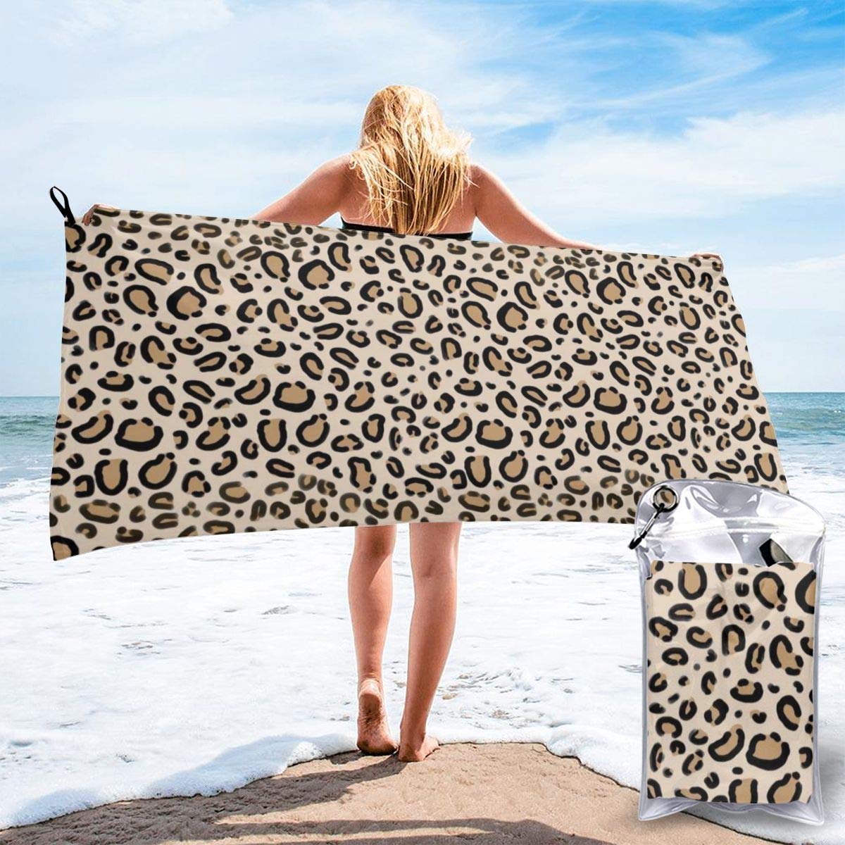 Microfibre Beach Towel Extra Large -160cm x 80cm Quick Dry XL Lightweight Towel with Easy Zip Bag - Perfect for Beach, Travel, Yoga, Sports, Gym, Swimming & Camping, Leopard Print Tan Natural Animal