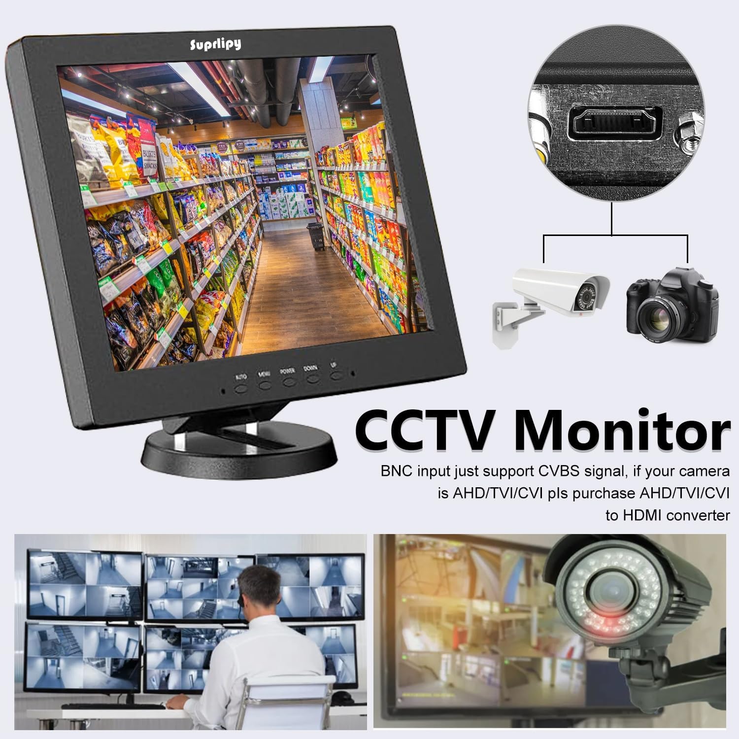 12 Inch TFT LCD Security CCTV Monitor 800x600 4:3 Resolution Color Display Screen Support HDMI/VGA/AV/BNC/MIC USB Ports with Remote Control Built-in LounSpeakers for Surveillance Camera