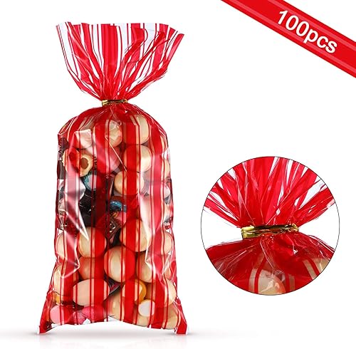 Miniatura 3 de 100 bolsas de plástico para fiestas de circo, carnaval, fiestas de dulces de celofán transparente con estampado de rayas rojas y blancas, bolsas de