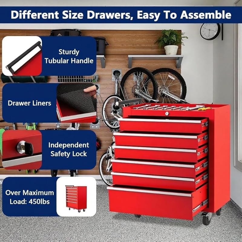24 Inch 6-Drawer Tool Cart, Red Rolling Tool Chest Made of Sturdy Cold-Rolled Steel, 4 Locking Casters & Central Lock System, Portable Tool Storage for Professional and Home Garage 24in 6 Drawers Red