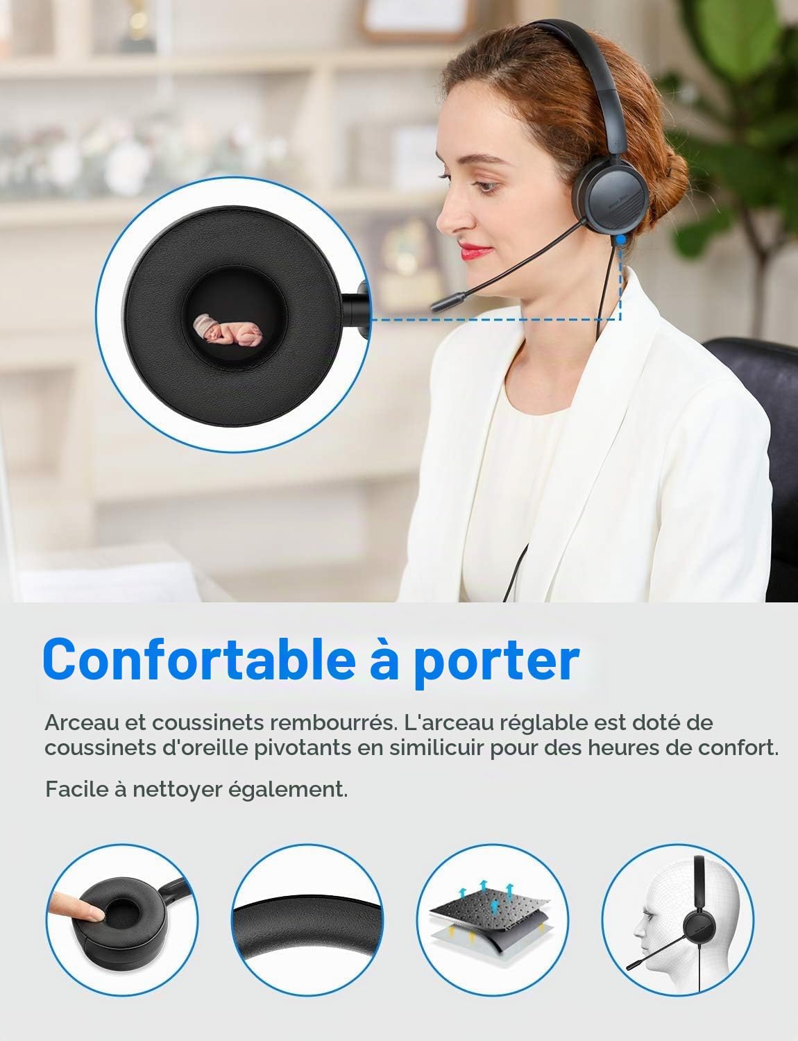 New Bee Casque PC Filaire avec Micro Casque USB/3,5 mm Annulation du Bruit & Son Stéréo Clair Oreillette Business pour SoftPhone Skype en Ligne Centre d'appels Téléphoniste(1 pièce)