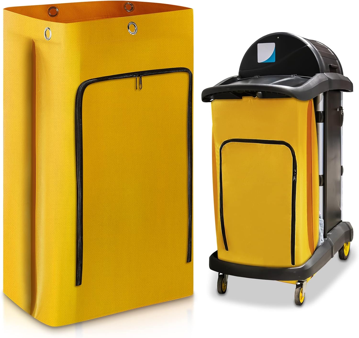 Meanplan 2 Pack Cleaning Cart Bag Zippered Front Replacement Janitorial Cart Thick Bag Large Capacity Commercial Cleaning Bags for Housekeeping Carts, Yellow (26.5 x 15.5 x 10.5 Inch)