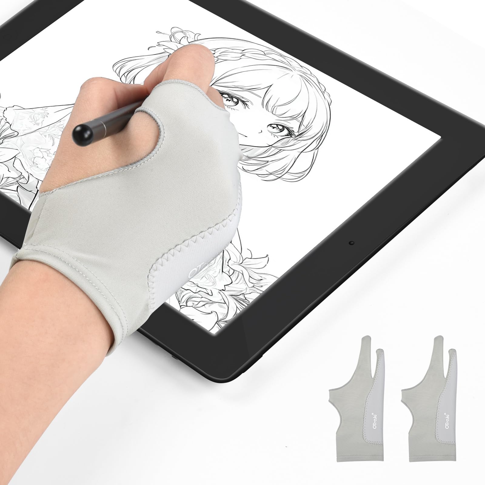 [OTraki] 製図用手袋 2枚入 二重厚手 7x18.5cm 二本指グローブ 誤作動防止 ペングローブ タブレット 防汚 手汗防止 お絵描き ライクラ繊維 通気性 弾力性イラスト用 左利き 右利き 絵画初心者向け グレー