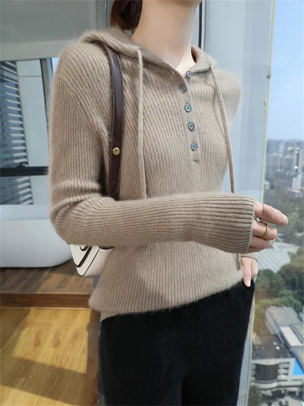 Women's 100% Mink Cashmere Sweater Long Sleeve Buttons Drawstring Hooded Pullover Soft Warm Sweatshirt
