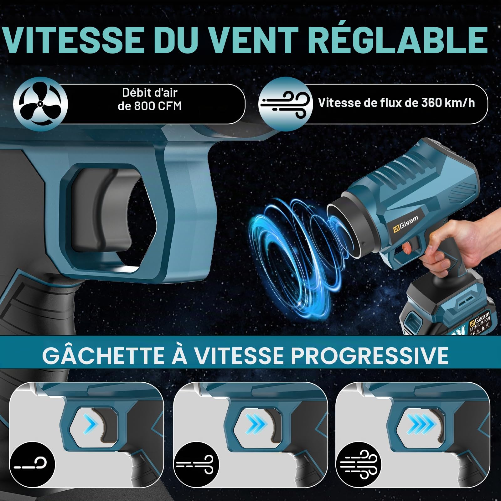 Souffleur de feuilles sans fil, moteur brushless avec 2x4.0Ah batteries, souffleur de feuilles, débit d'air 800m³/h, transmission à variation continue, 3 buses, 0,82 kg léger pour le jardin, les