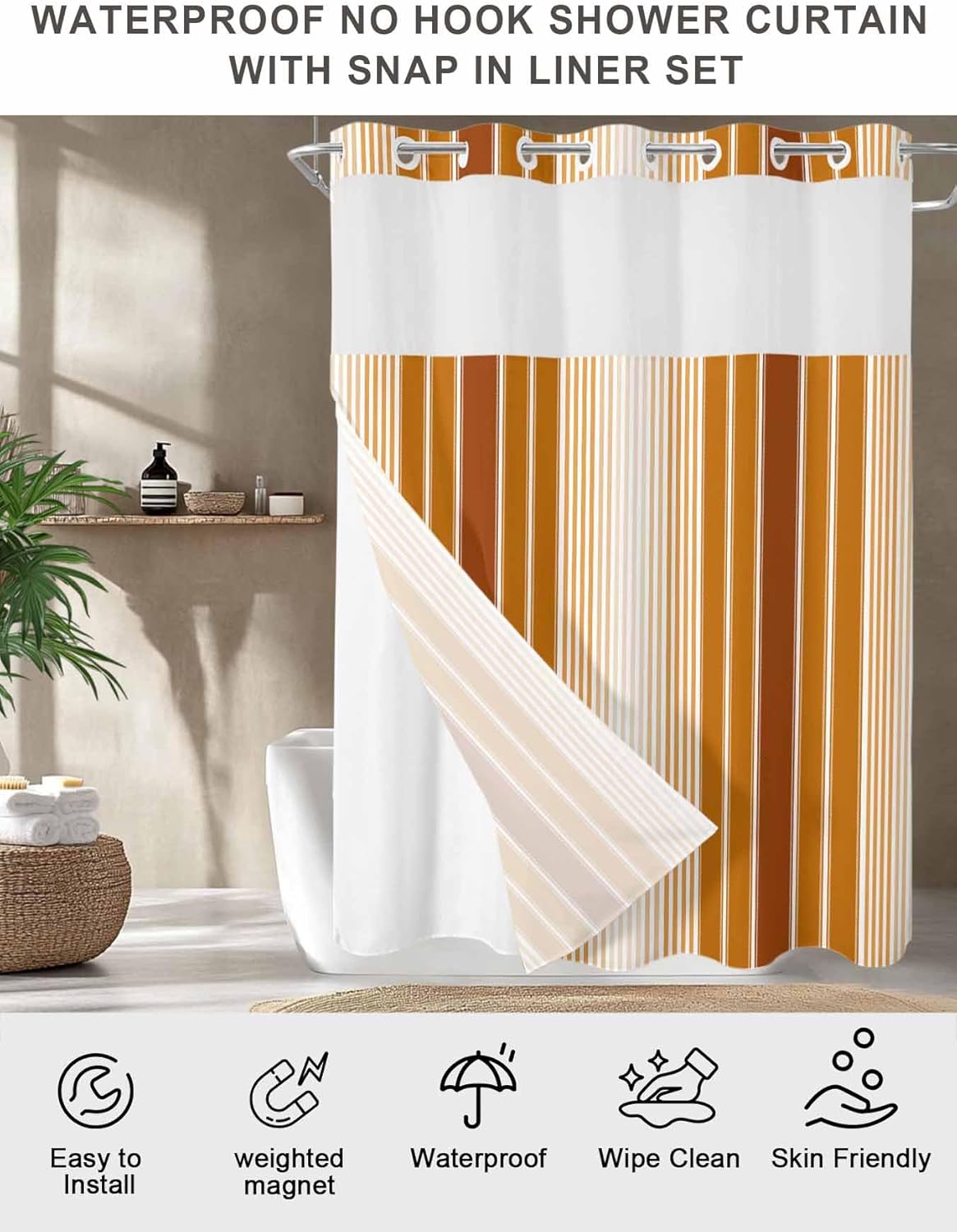 No Hook Shower Curtain, Burnt Orange Ombre Stripe Long Bathtub Curtains with Snap in Liner, Farmhouse Simple Striped Waterproof Washable Fabric Bathroom Curtain Sets, 72" x 78"