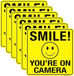 6 Pack Smile You're On Camera Sign, 6" x 6" Video Surveillance Signs, Self Adhesive Vinyl Decal UV Protected & Weatherproof Home Security Stickers, Indoor and Outdoor Use