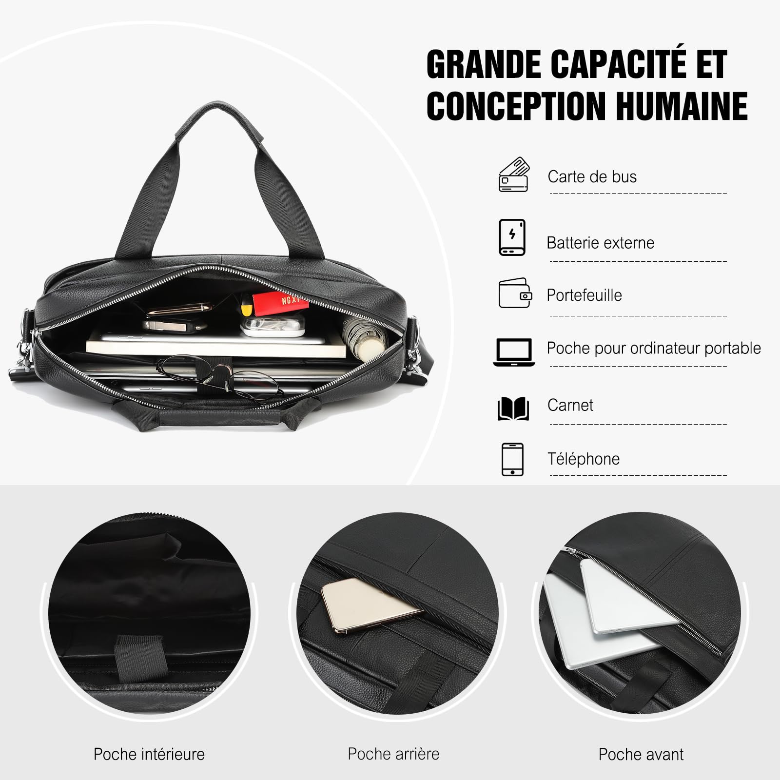 FANDARE 14 Pouces Sacoche Ordinateur Portable, Sacoche de Protection Imperméable Cuir Sac à Bandoulière Homme Mallette Valise Messager Porté en Main Sacs Professionnel Porte-Documents Business Voyage