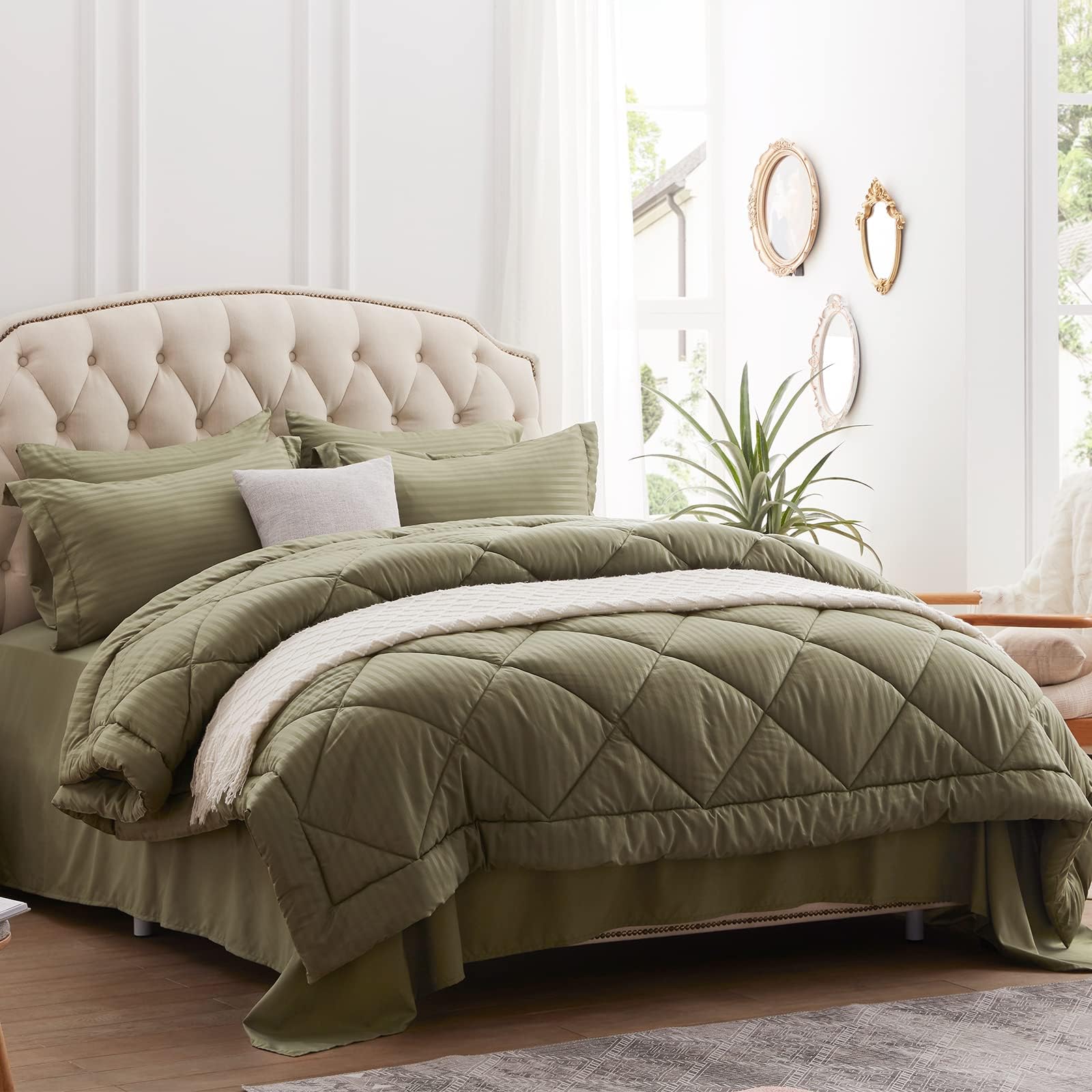 Olive Green King Size Comforter Sets 7-Pieces Bed in a Bag Soft All Season Bedding Sets with Comforter, Pillow Shams, Flat Sheet, Fitted Sheet and Pillowcases