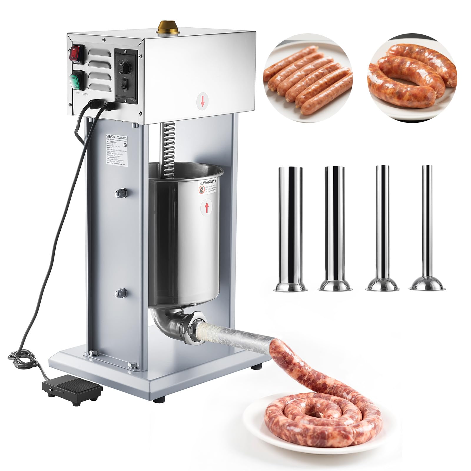 VEVOR Embutidora Eléctrica de Salchichas Capacidad de 10 L, Embutidora Vertical de Acero Inoxidable con Ajuste de Velocidad Continuo, Pedal y 4 Tubos de Llenado, para Restaurante, Supermercado