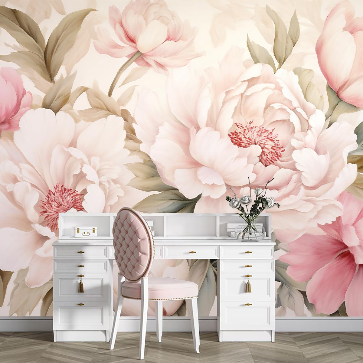 Photo 1 of TUNDJ - Pink Floral Wallpaper Peel and Stick Large Peony Flower Self Adhesive Wall Mural for Living Room Bedroom 82"x57"