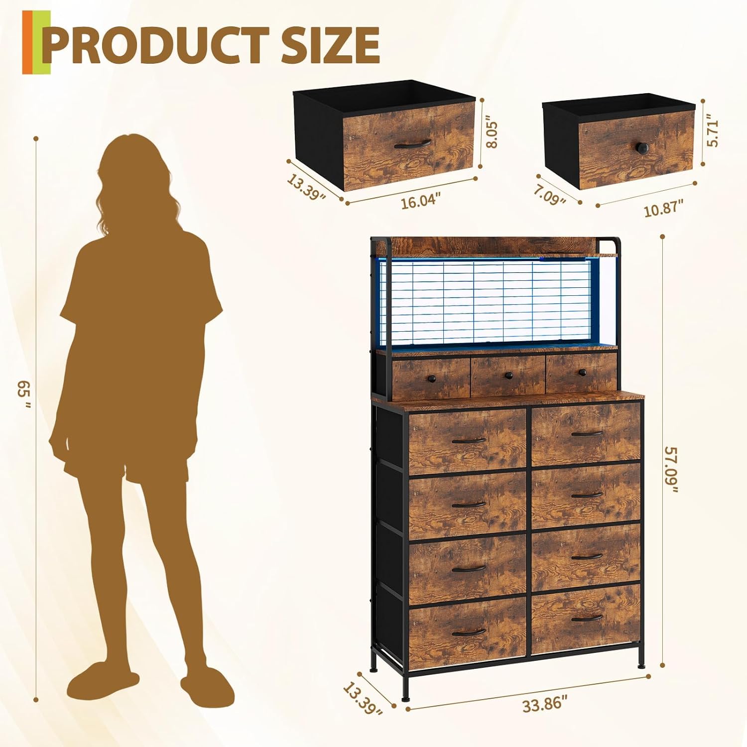 Rustic Dresser for Bedroom with Charging Station, App-Controlled RGB LED, 11 Fabric Drawers Tall Storage Organizer, Anti-Tipping Design, Wood Grain Finish for Living Room, Closet, Nursery, Brown
