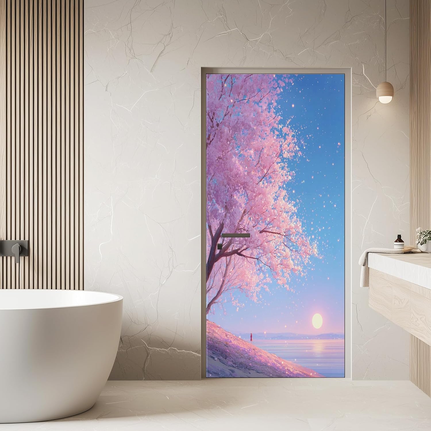 Sticker Porte Fleurs de Cerisier, Stickers Porte Trompe L'oeil Fleurs de Cerisier Autocollant Poster Auto-Adhésif Art Décor Pour Chambre Salon Salle de Bain Papier Peint 95x215 cm 4939n