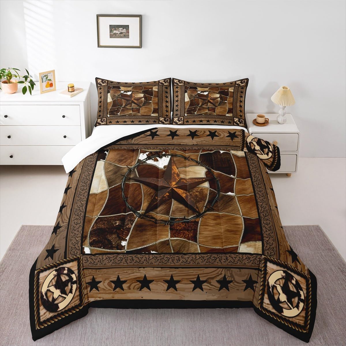 Western Texas Star Kids Comforter Set Queen Size,Wooden Board Cow Fur Rustic Farmhouse Bedding Set,Boys Girls Adults Room Decor,Western Cowboy Retro Down Comforter,Brown Duvet Insert,2 Pillowcases
