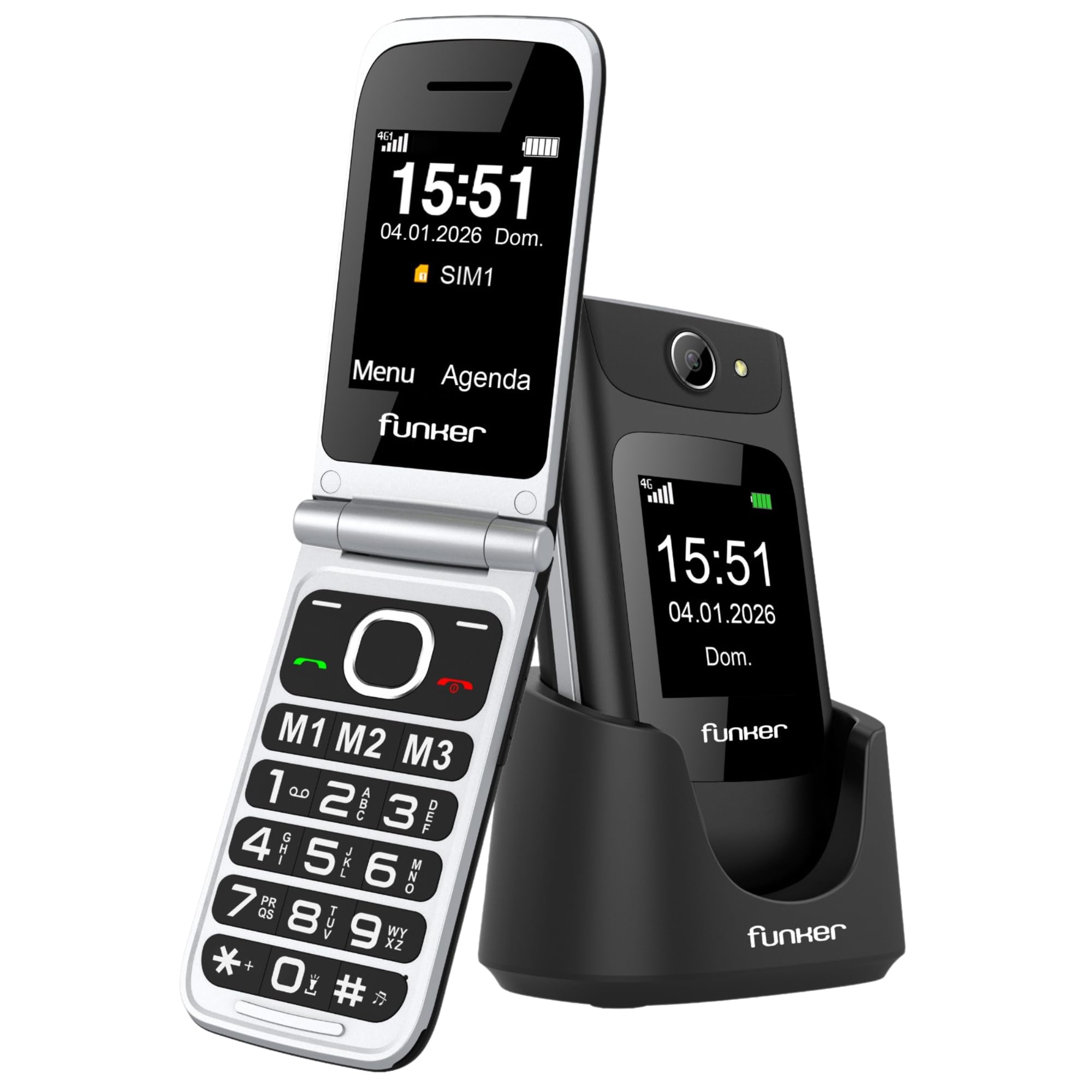 Funker C250 Comfort Power 4G - Teléfono Móvil de Tapa para Mayores, Base de Carga, Teclado de Alto Contraste, Botón SOS, Fácil de Usar, 3 Memorias Directas, Batería 1450 mAh, Negro – Sin cargador ni c