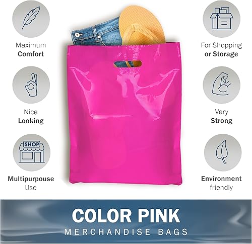 Miniatura 4 de Pink Merchandise - Bolsas de plástico para compras, paquete de 200 unidades de 12 x 15 pulgadas con 1.5 mil de grosor, asas troqueladas, perfectas