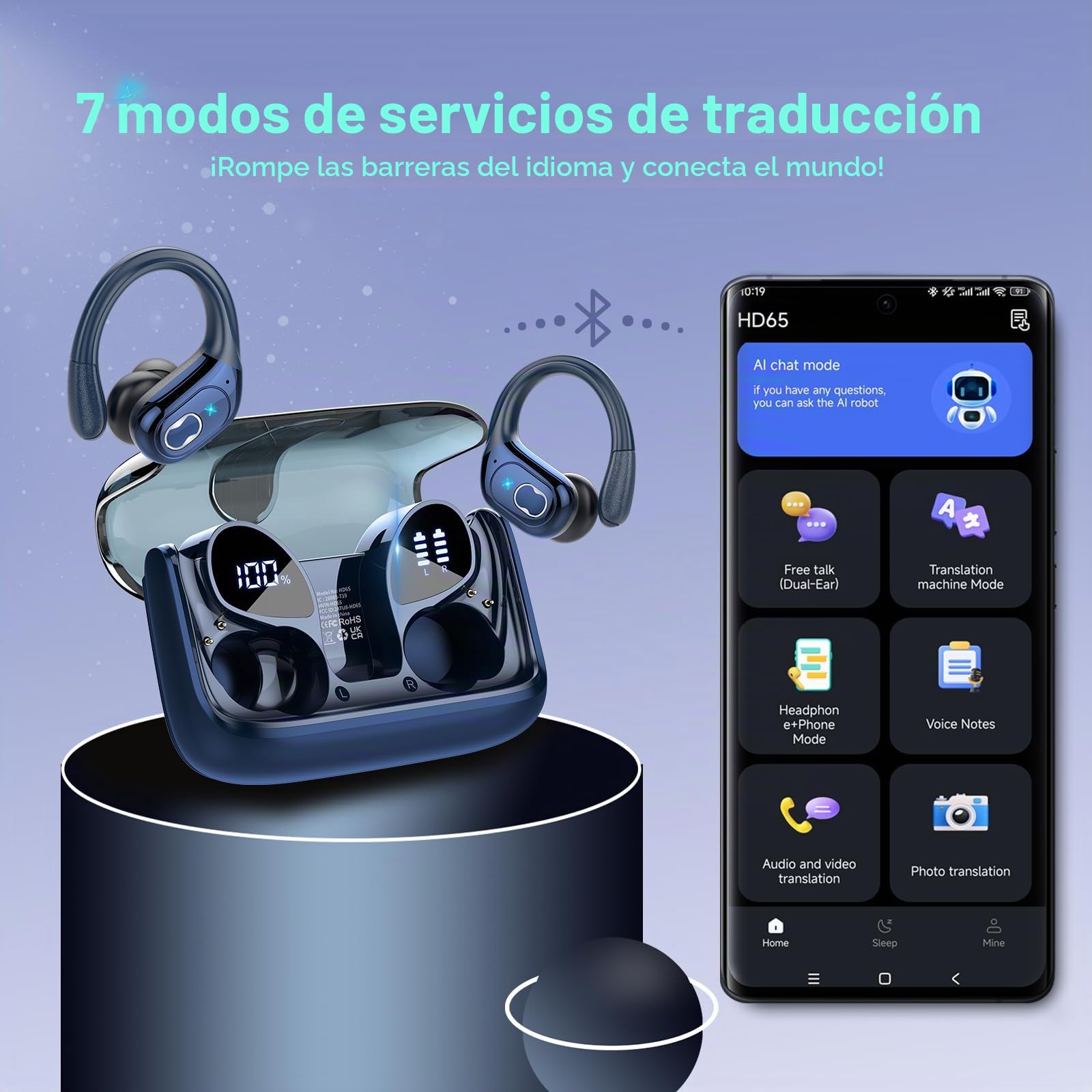 AI Auriculares Traductor, 164 Idiomas y 6 Modos de Traducción, Bluetooth 5.4 con ENC y App con para Viajes/Negocios/Aprendizaje/Reunirse Azul
