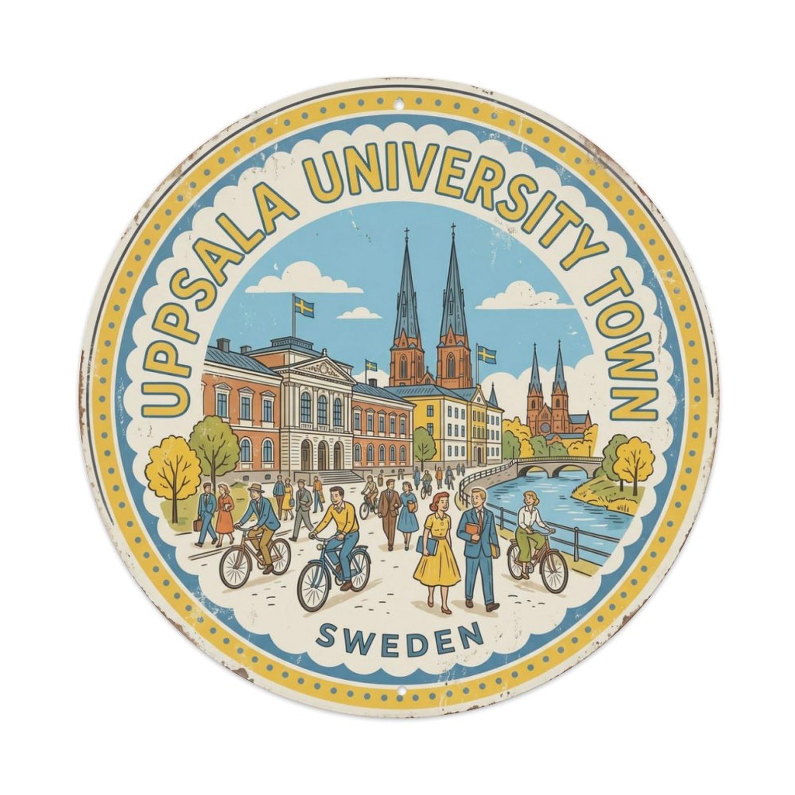 Vintage Travel Uppsala Sweden University Metal Tin Sign Plaque Wall Decor for Cafe, Club Bar, Office, Home Garden Round Metal Poster 8x8Inch