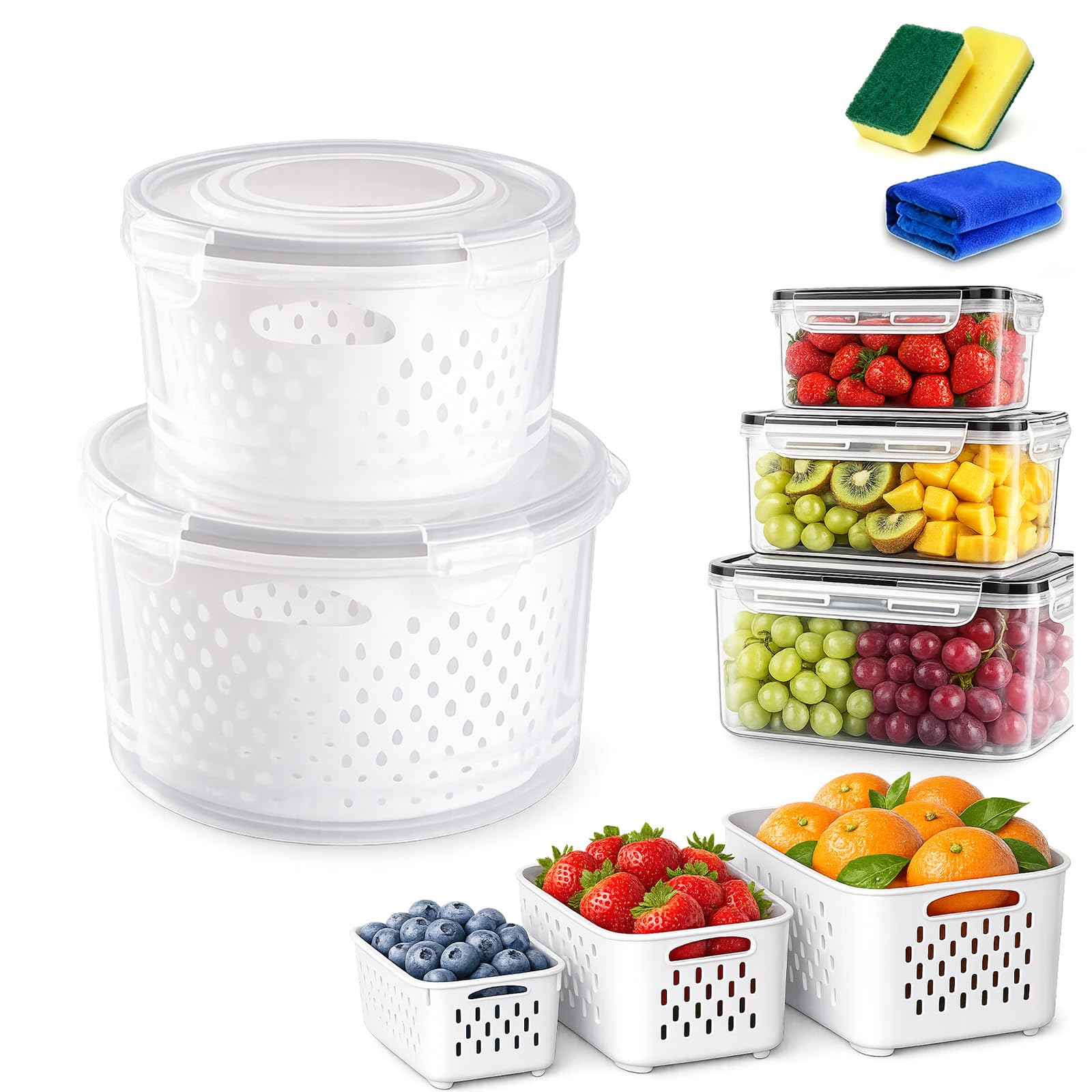 Liocwocne Food Storage Containers for Fridge with Removable Colander & Airtight Lids (Round-G,S+L)