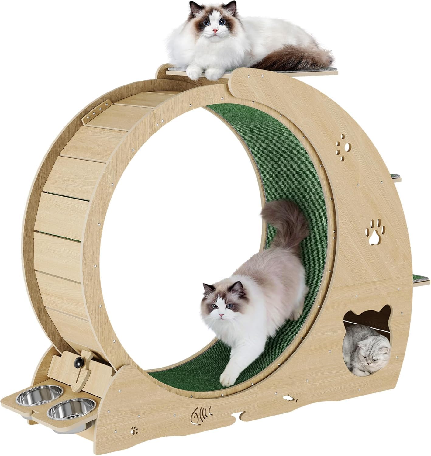 4-in-1-Katzen-Laufrad, großes Katzenlaufband, großes leises Laufrad mit Kratzunterlage und Spielrolle, stabile Holzbasis für Indoor-Katzen
