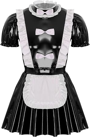 YiZYiF Adult Mens Frilly Satin French Maid Uniform Crossdressing Lingerie Outfit Set
