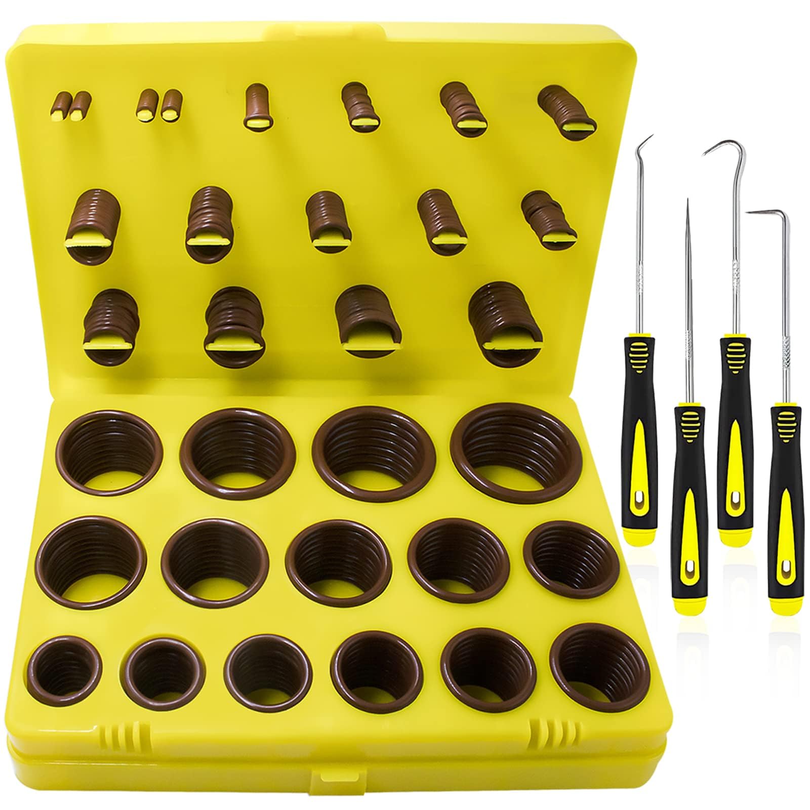 KEZE 386 Pcs Metric Viton O Ring Assortment Kit 75A Durometer 30 Sizes Brown O-Ring Set for Industrial Pressure Washer,Industrial Plumbing,Hydraulic & Cylinders Repairs with 4 Pcs Pick and Hook Set โ image 1