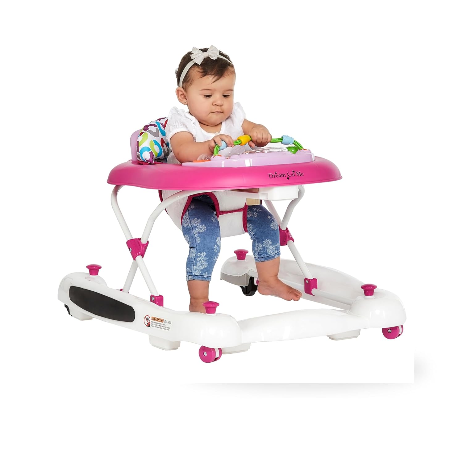 Dream On Me Go-Getter Baby Walker and Walk Behind Walker, Adjustable Seat Height, Comfortable Padded Seat, Easy to Fold, Pack and Store, Detachable Fun Tray, Pink Walker Pink