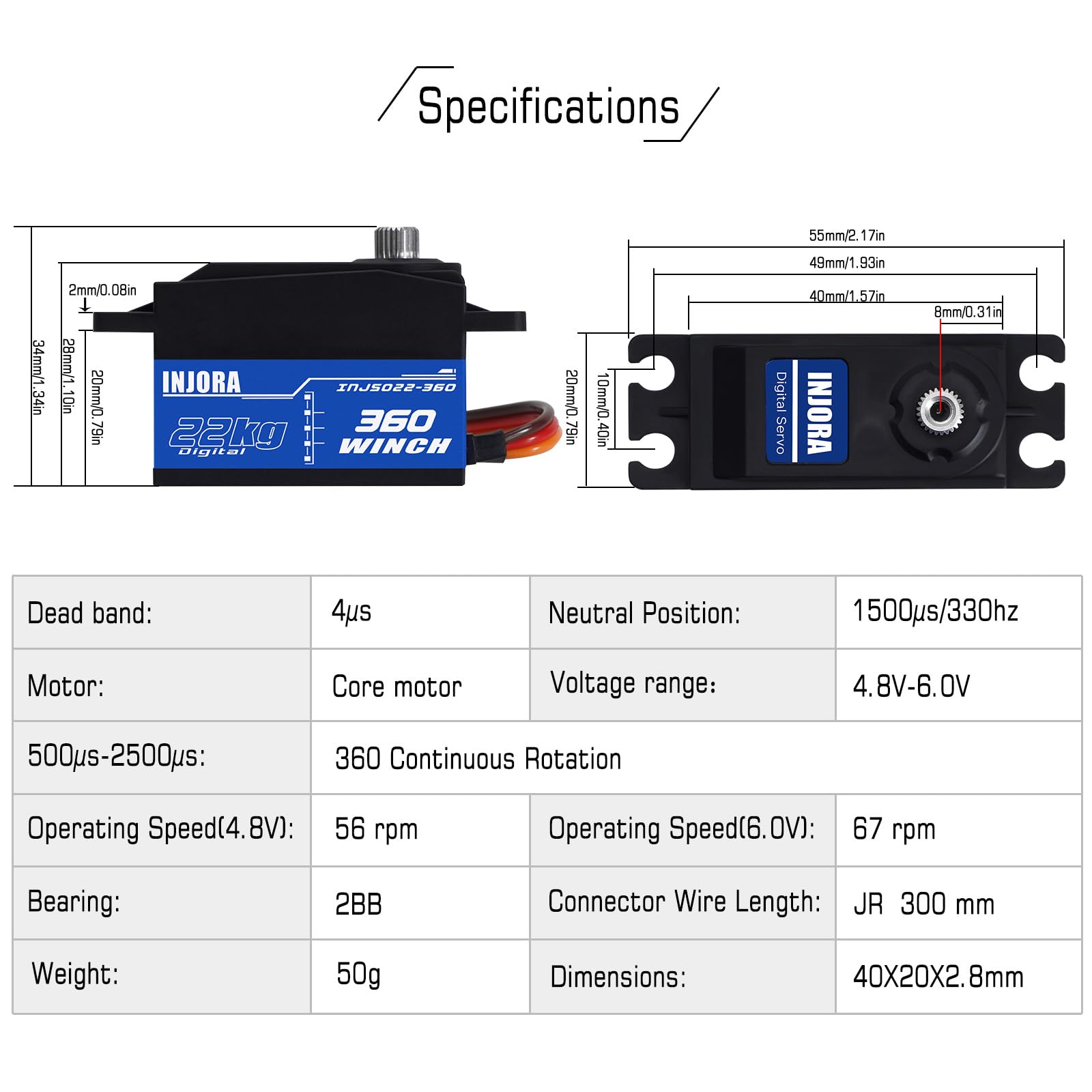 INJORA INJS022-360 22KG Servo Digitale a Rotazione 360° con Molla Cavo a Profilo Basso 25T per Modelli di Auto e Barca RC