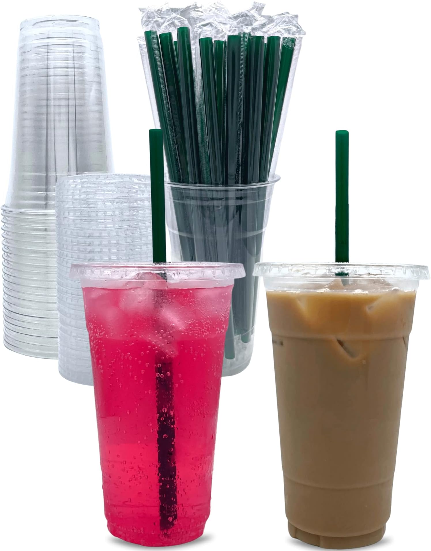 Aatriet [50 Sets] 24 oz Clear Plastic Cups with Lids and STRAWS, Disposable Party Cups for To Go Iced Coffee Cold Drinks, Smoothie, Juice, Parfait, Frappuccino, Milkshake. No Leaking Fruit Cup