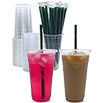 Aatriet [50 Sets] 24 oz Clear Plastic Cups with Lids and STRAWS, Disposable Party Cups for To Go Iced Coffee Cold Drinks, Smoothie, Juice, Parfait, Frappuccino, Milkshake. No Leaking Fruit Cup