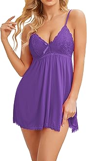 Avidlove Women Nightgown Sexy Sleepwear Lace Chemise V-neck Modal Babydoll Lounge Dress