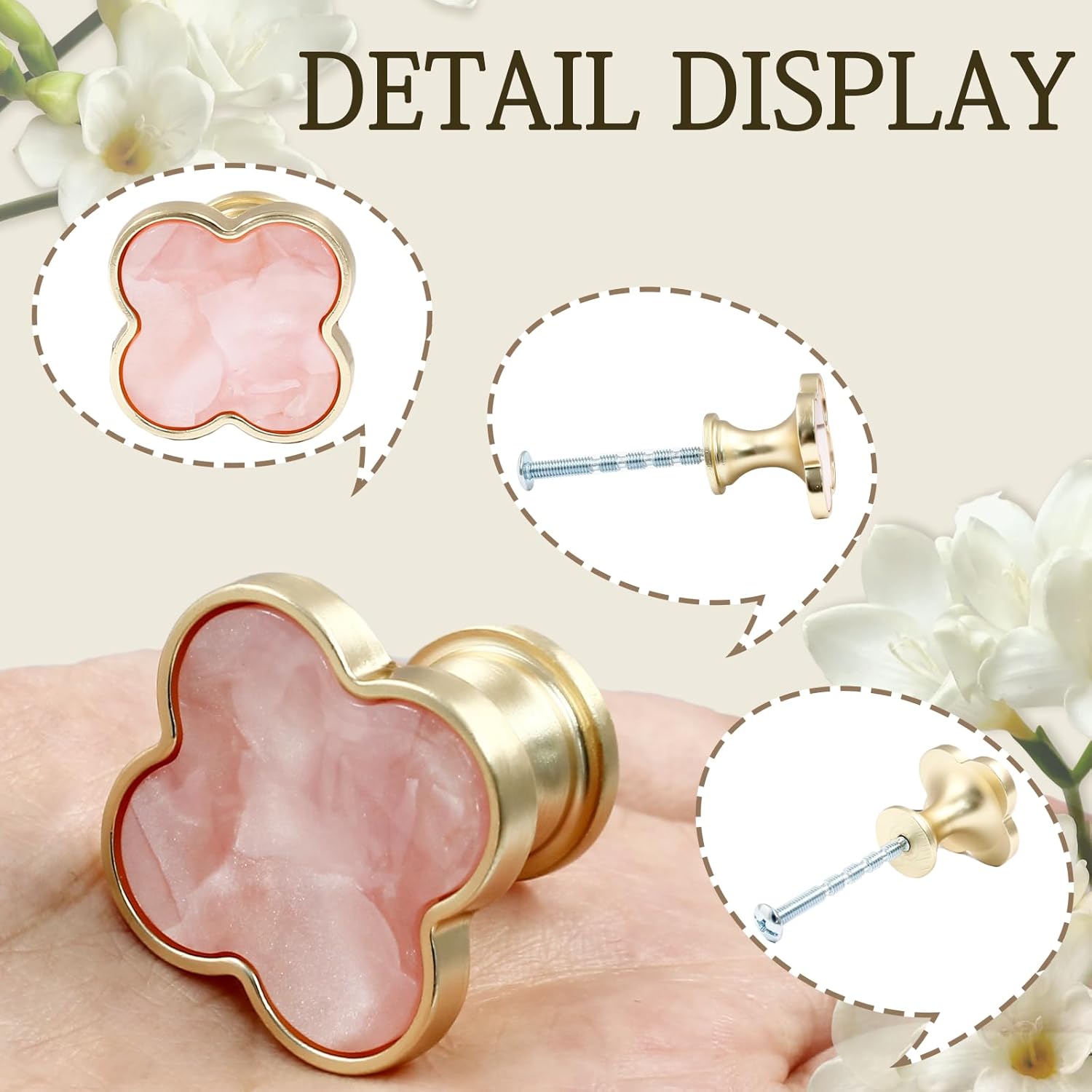 6 Pack Cabinet Knobs - Clover Decorative Drawer Knobs, Brushed Gold Kitchen Cabinet Pulls, Vanity Drawer Handles for Closet, Cupboard, Pantry (Pink)