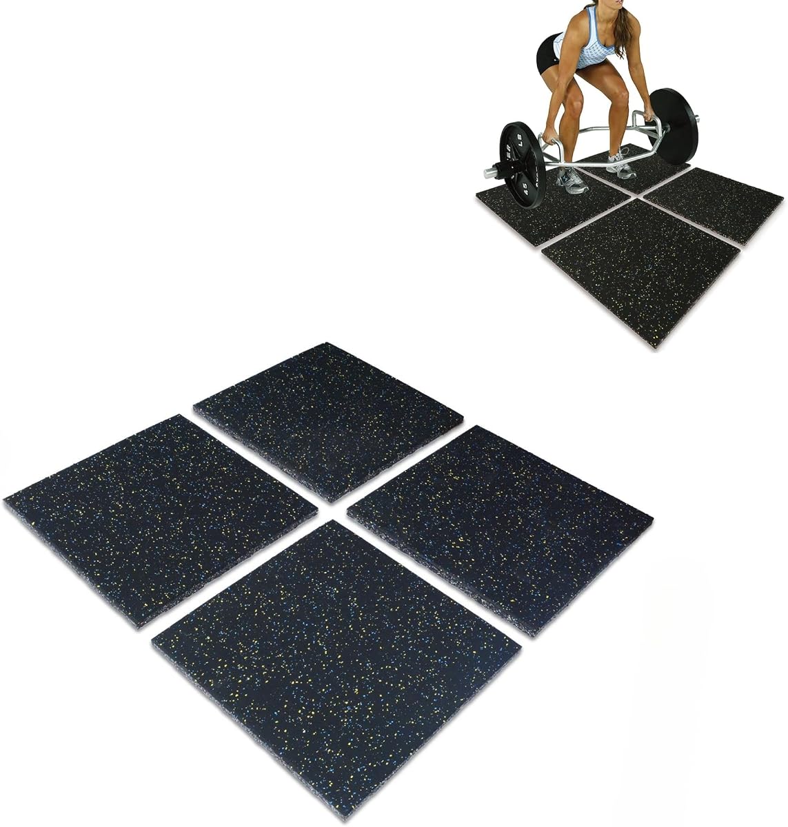 Nisorpa Esteras de goma para equipos de ejercicio de 1.0 in de grosor, 20.0 x 20.0 in, 4 unidades | almohadillas antivibración, absorción de sonido, baldosas de gimnasio antideslizantes, con 12 hebillas para fijación