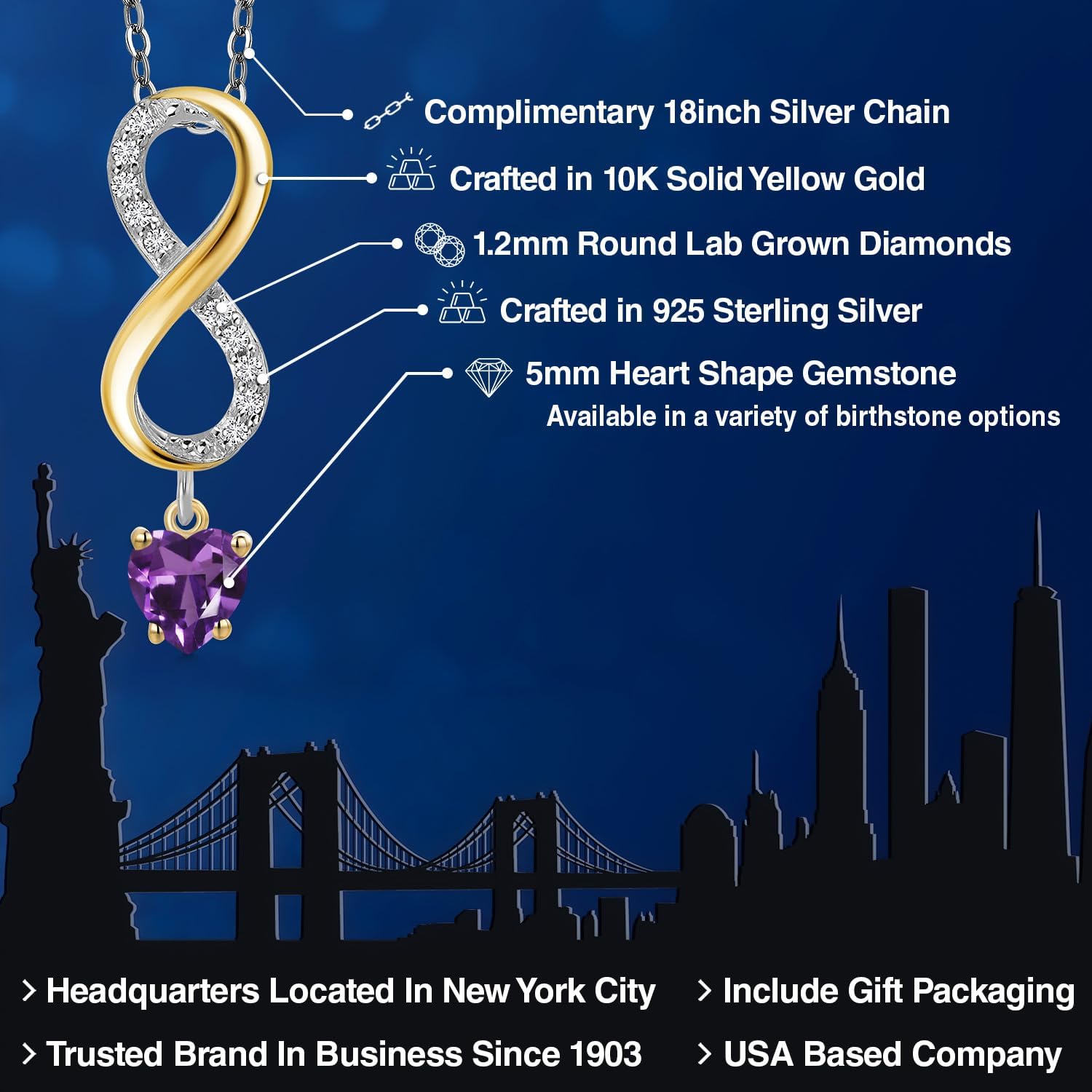 Gem Stone King 925 Silver and 10K Yellow Gold Purple Amethyst and Lab Grown Diamond Pendant Necklace for Women | 0.92 Cttw | Gemstone February Birthstone | Heart Shape 5MM | With 18 Inch Silver Chain - Image 2