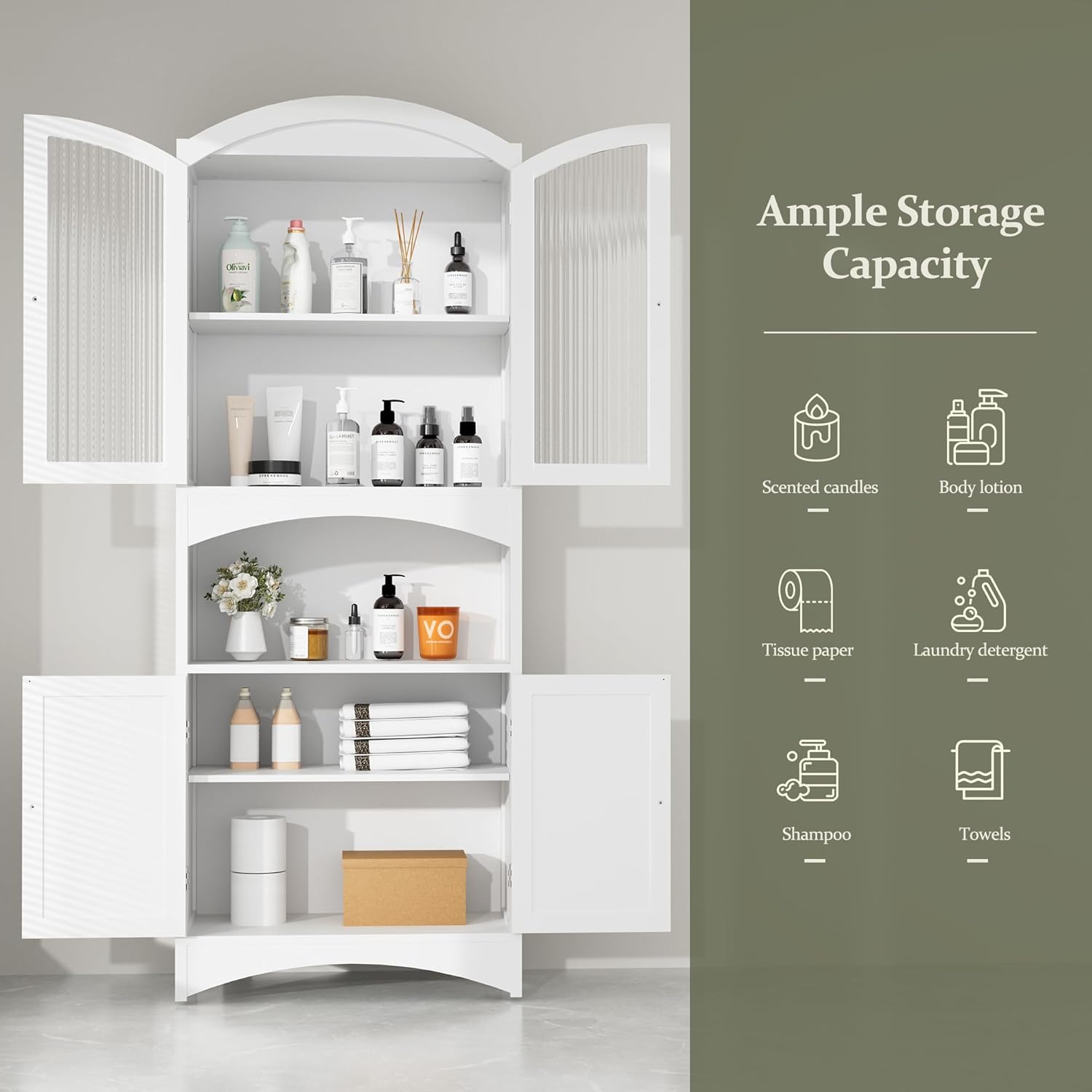 Storage Cabinet, 64" Tall Pantry Cabinet with Fluted Glass Doors and Adjustable Shelves, Anti-Tipping Bathroom Storage Cabinet, Cabinet for Bathroom, Living Room, Kitchen