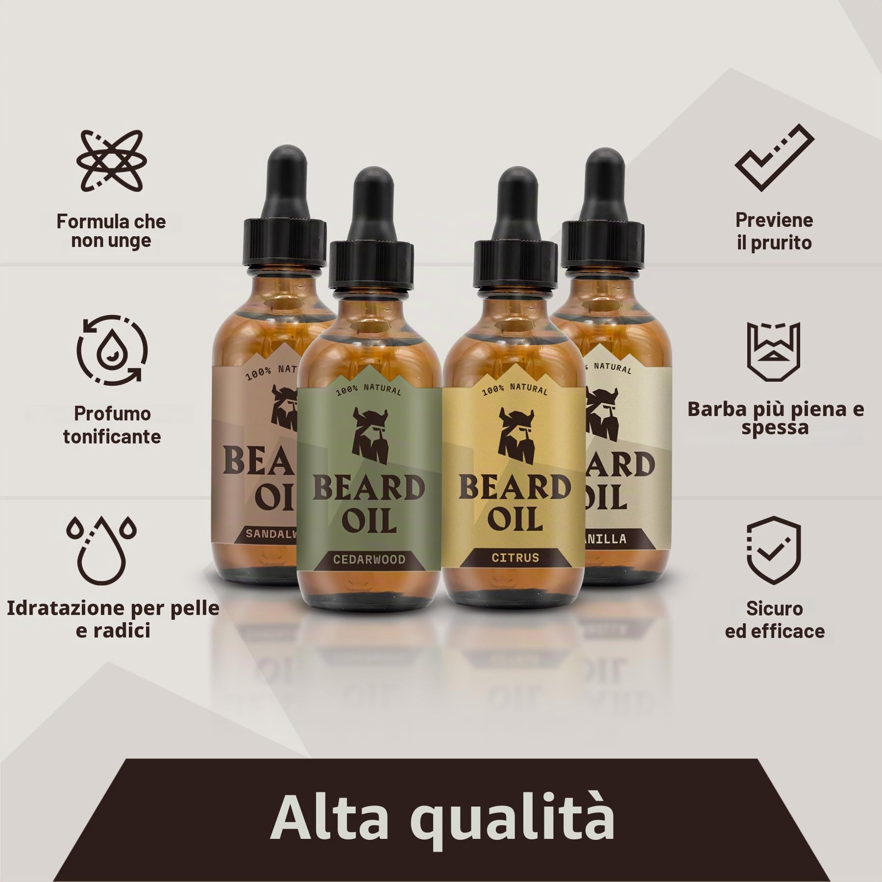 Striking Viking Olio da barba da uomo, 7 ml, confezione da 4 – infusione emolliente stile barbiere – incoraggia la crescita della barba – con legno di sandalo, vaniglia, legno di cedro, olio di agrumi