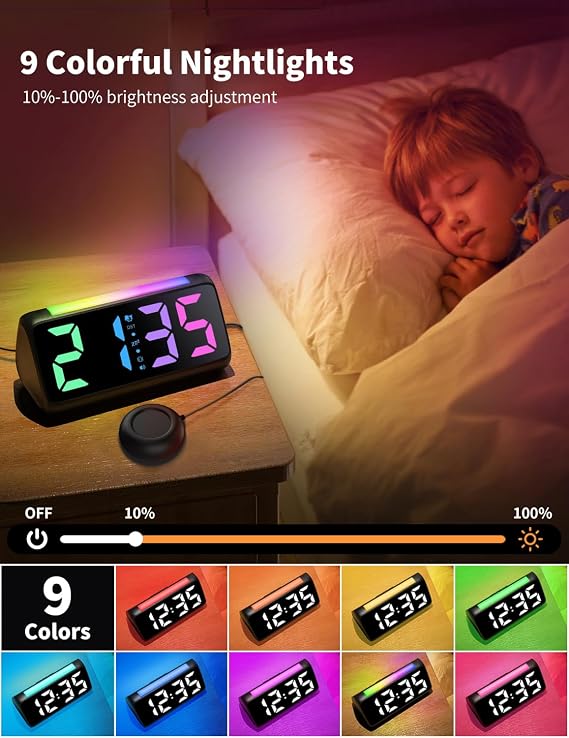 Loud Alarm Clock for Heavy Sleepers, Vibrating Alarm Clocks with Bed Shaker, Night Light, RGB Display, Brightness Dimmer, Vibration Alarm Clock Bedside for Hearing Impaired Deaf People