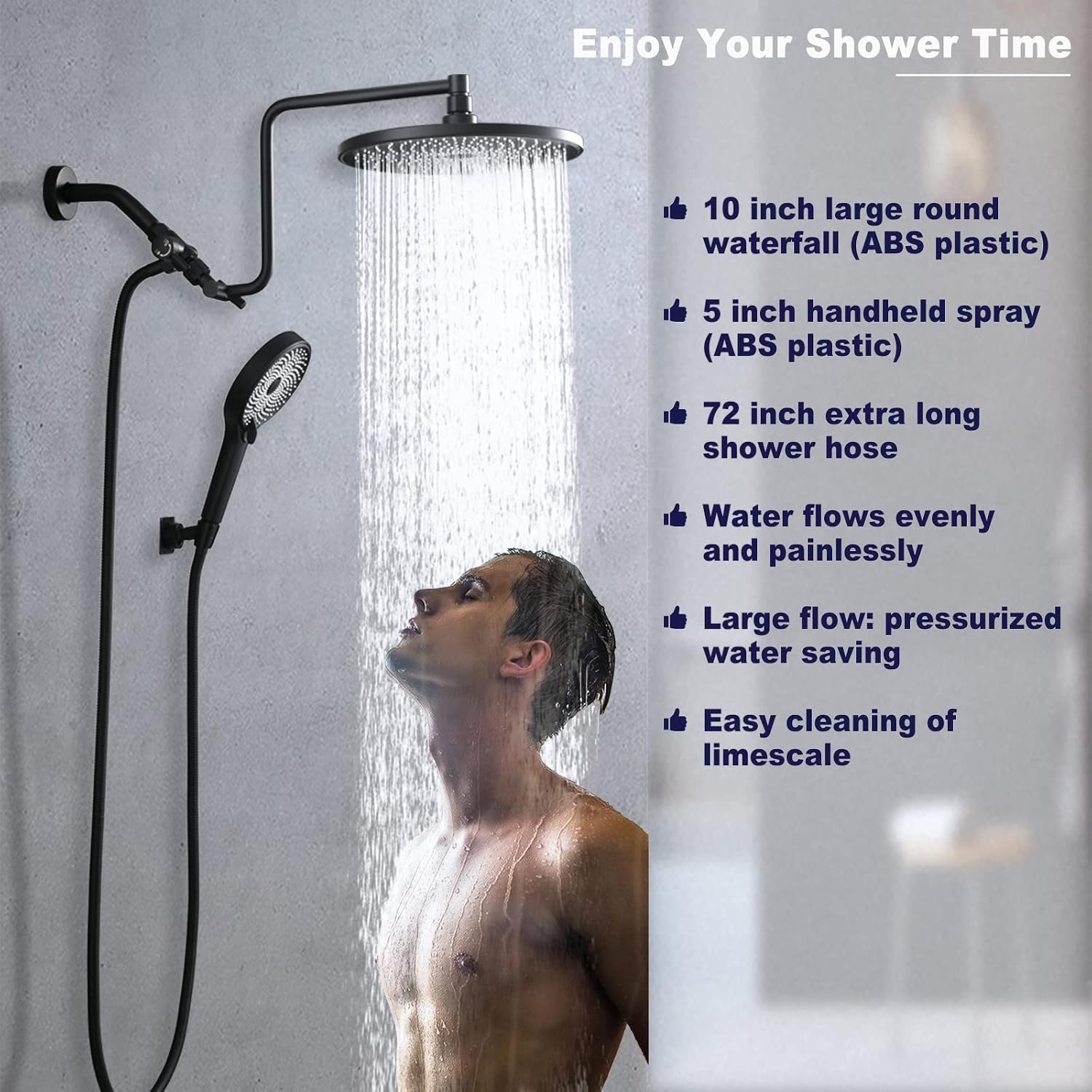 10" Rainfall Shower Head with Handheld Combo, Upgrade 12" Extension Arm Height Adjustable, 3-Way High Pressure Shower Head with Handheld Spray, Brass Shower Holder Extra Long Shower Hose, Matte Black