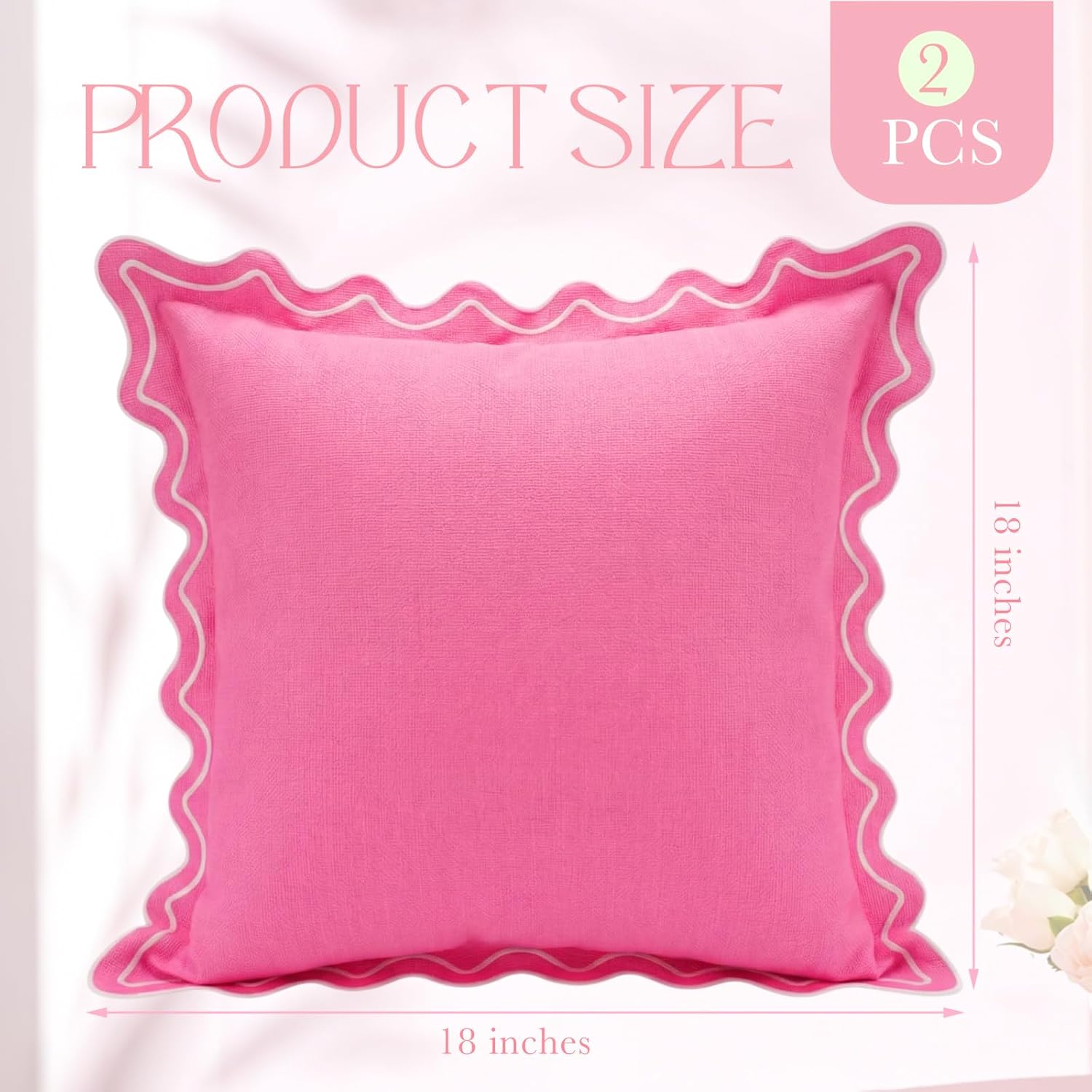 Novabright 2 Pack 18 x 18 Inch Outdoor Waterproof Pillow Covers Decorative Farmhouse Garden Pillowcase Scalloped Throw Cushion Cases for Patio Porch Tent Sofa Living Room Decor (Pink,18 x 18 Inch)